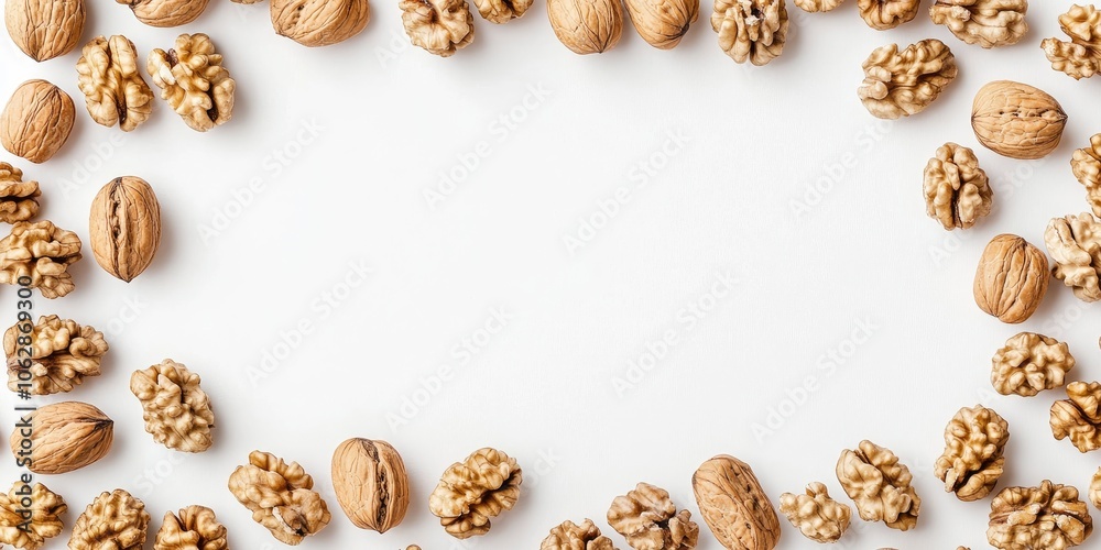 Walnuts arranged neatly in a circular pattern on white background for kitchen decor or health concept Walnuts arranged neatly in a circular pattern on white background for kitchen decor or health concept