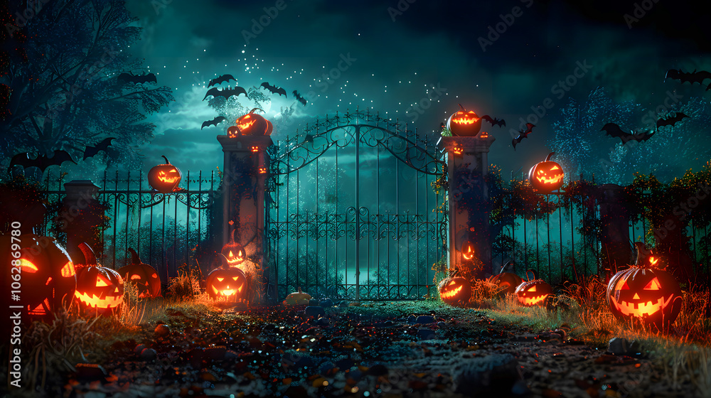 Obraz premium Cemetery entrance gate with scary Halloween pumpkins