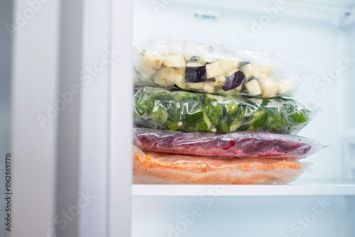 Stack of bags with chopped and frozen vegetables in refrigerator close-up. photo