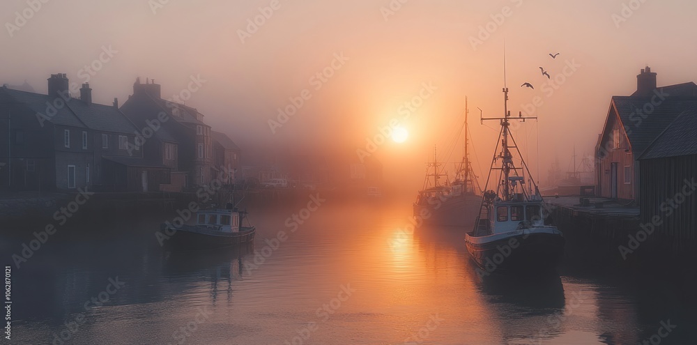 Fototapeta premium Boats Moored in a Foggy Harbor at Sunrise