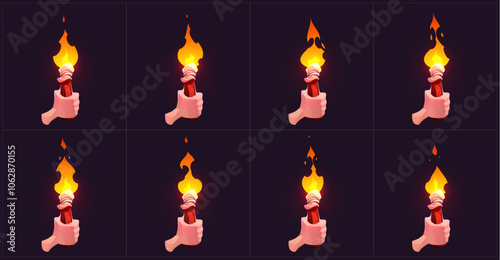 Animation sequence of cartoon hand holding burning torch. Eight frames for glowing flame movement on dark background. Human palm grasping wooden handle with orange and yellow flickering fire.