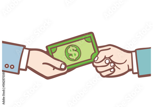 A businessman's hand gives a dollar to another hand. Hand drawn style vector design illustrations.
