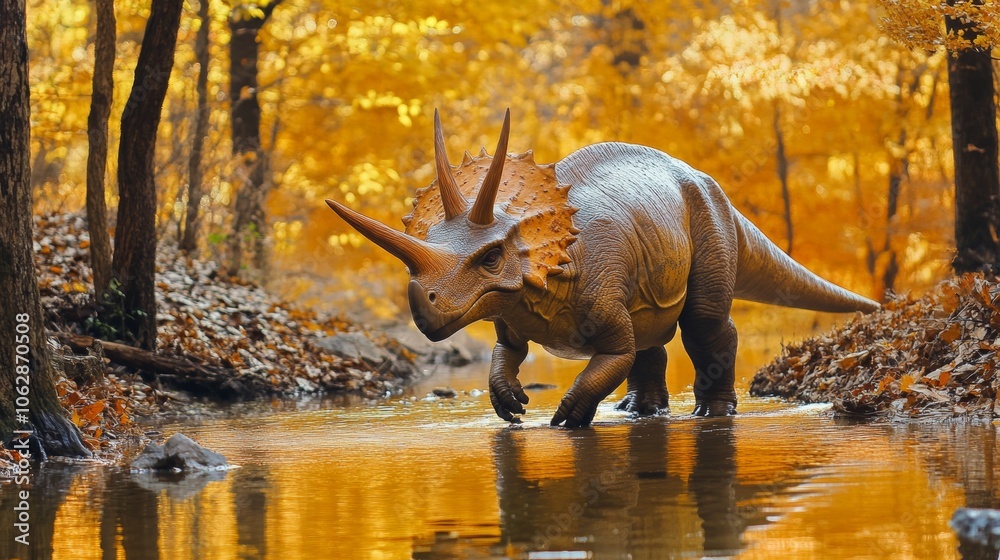 Fototapeta premium Triceratops Dinosaur in Autumn Forest Stream