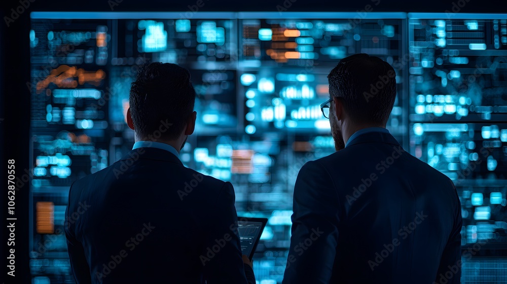 Two Professionals Analyzing Business Data on a Digital Display, Planning for Future Success. Business Plan 2025 Concept Two Professionals Analyzing Business Data on a Digital Display, Planning for Future Success. Business Plan 2025 Concept