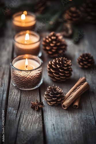 Inviting winter composition with burning candles in textured glass holders, pinecones, cinnamon sticks, and star anise on a rustic wooden surface. Holiday cards, seasonal invitations, copy space