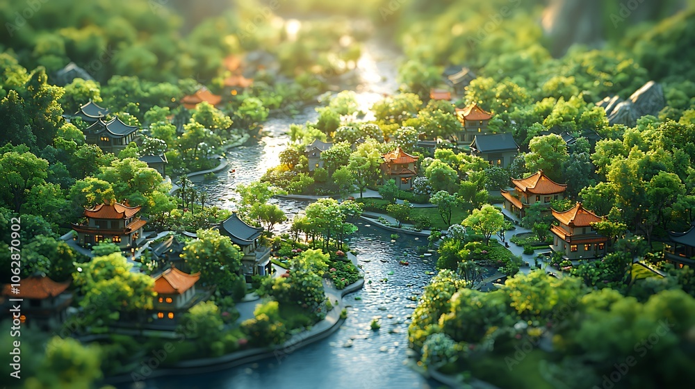Tranquil Asian Village Scenic Beauty with Lush Greenery and Winding River Tranquil Asian Village Scenic Beauty with Lush Greenery and Winding River