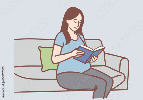 Pregnant woman, pregnant, sitting on the sofa reading a book. Hand drawn style vector design illustrations.
