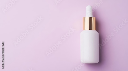 White dropper bottle with sleek gold details, pastel purple background, high-end cosmetic concept