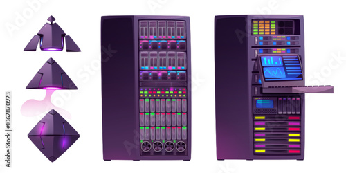 Purple server room equipment illustrations with abstract geometric shapes, technologically advanced data center cabinet with multicolored LED indicators and monitoring screen displaying statistics.