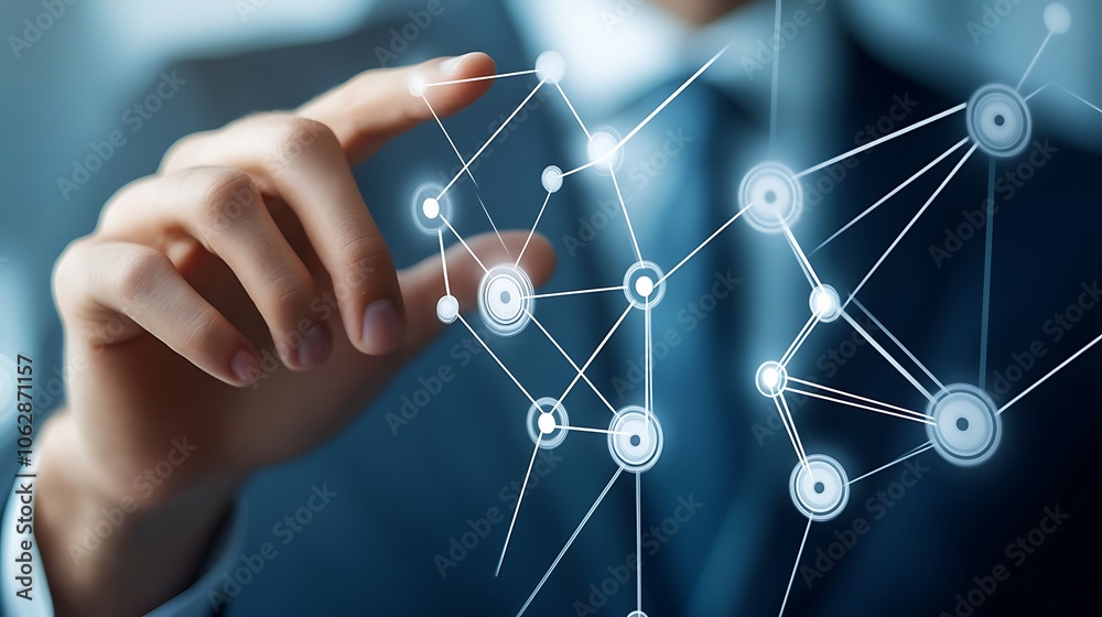 Businessman touching a digital business network connection icons Businessman touching a digital business network connection icons