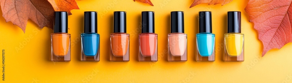 Row of autumn-themed nail polish bottles, earthy tones, soft lighting with fallen leaves, minimal background, seasonal beauty banner Row of autumn-themed nail polish bottles, earthy tones, soft lighting with fallen leaves, minimal background, seasonal beauty banner