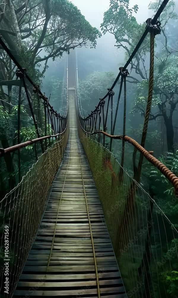 Hanging wooden bridge in a forest, taken from a high angle, with dark green trees and foggy weather. The wood floor of rope bridges is visible, Hanging wooden bridge in a forest, taken from a high angle, with dark green trees and foggy weather. The wood floor of rope bridges is visible,