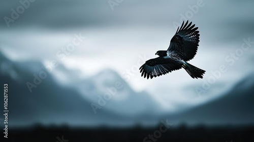 Bird in flight, mountains in background, dramatic sky