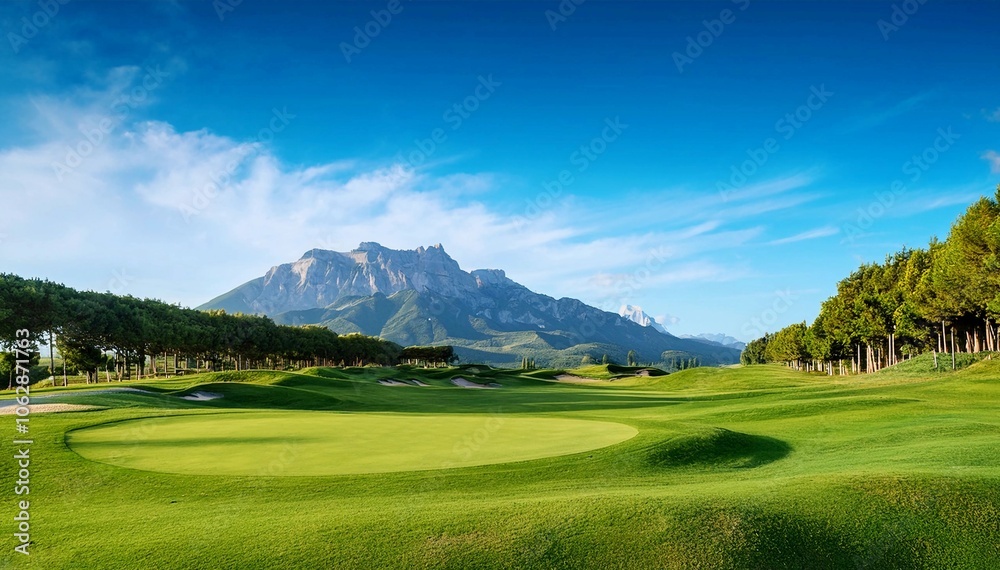 A stunning view of a golf course set against the backdrop of majestic mountains and a clear blue sky, showcasing the natural beauty and serene environment perfect for a day on the greens. A stunning view of a golf course set against the backdrop of majestic mountains and a clear blue sky, showcasing the natural beauty and serene environment perfect for a day on the greens.