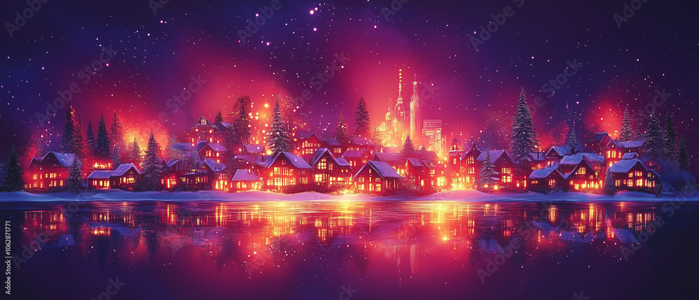 Illustration vectorielle d'un village de Noël en art numérique avec ambiance festive et enneigée Illustration vectorielle d'un village de Noël en art numérique avec ambiance festive et enneigée