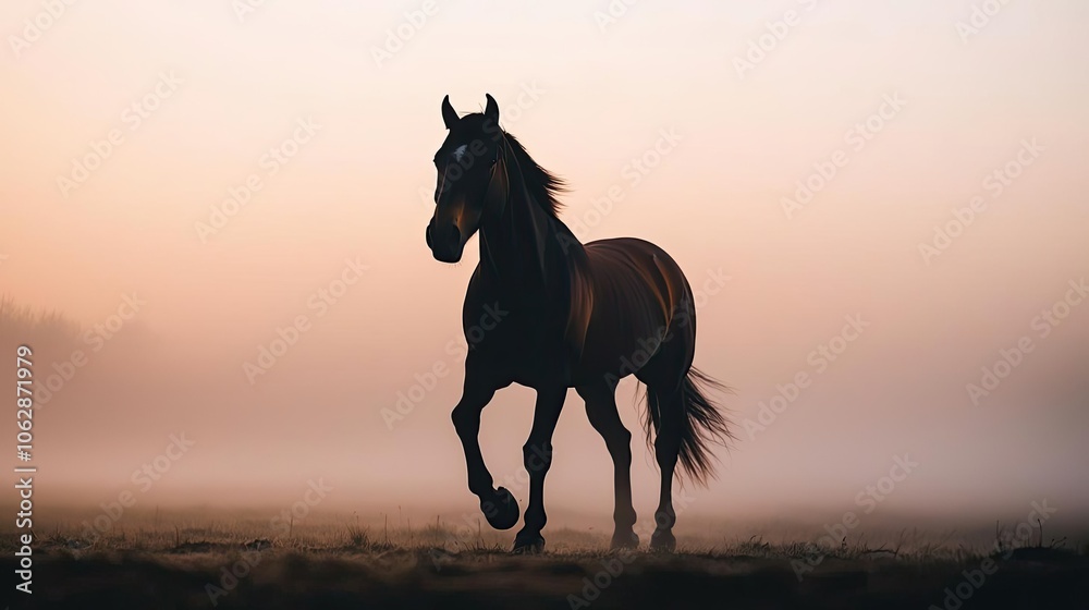 A silhouette of a horse galloping in a misty field at sunrise. A silhouette of a horse galloping in a misty field at sunrise.