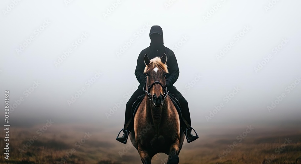 Fototapeta premium Mysterious figure on horseback through a foggy landscape.