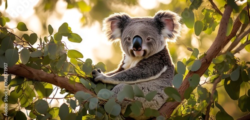 A koala sitting in the branches of a eucalyptus tree with soft light filtering through the leaves photo