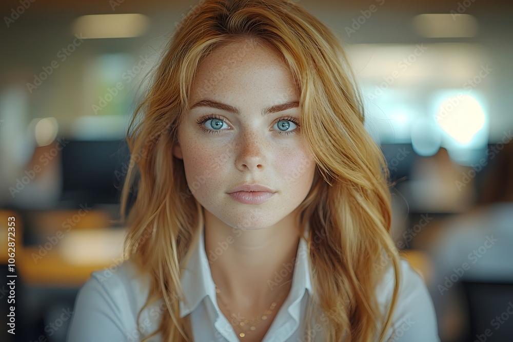 Confident redhead woman in office setting with intense blue eyes Confident redhead woman in office setting with intense blue eyes