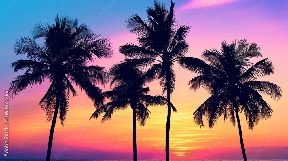 Silhouetted palm trees against the colorful hues of a beach holiday sunset Silhouetted palm trees against the colorful hues of a beach holiday sunset