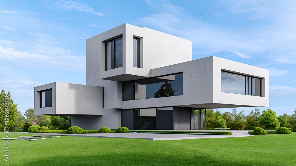 Modern white house with large windows and a grassy lawn. Modern white house with large windows and a grassy lawn.