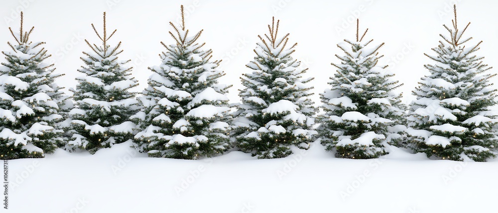 Obraz premium Snowcovered evergreen trees with twinkling lights, festive winter scene
