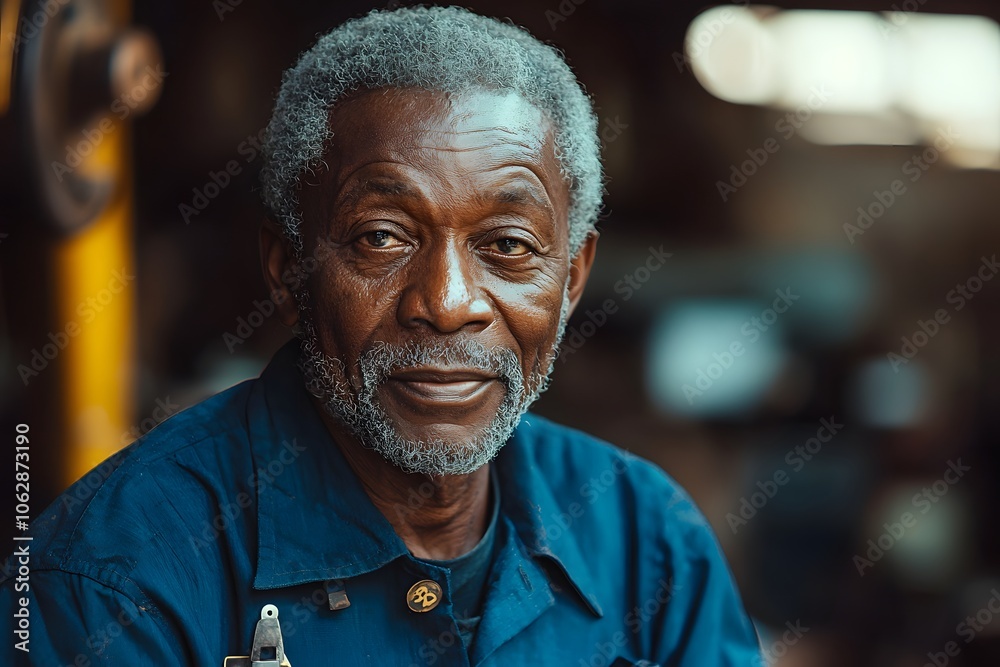 Portrait of a senior man in a blue shirt with a gentle smile in a workshop setting Portrait of a senior man in a blue shirt with a gentle smile in a workshop setting
