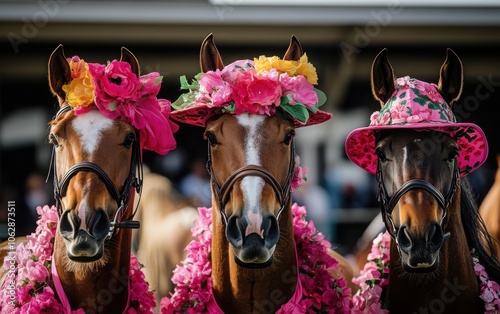 A lively portrait of three horses in vibrant hats and pink floral dresses, positioned at the wardrobe section of the Camp Ida horse racing event