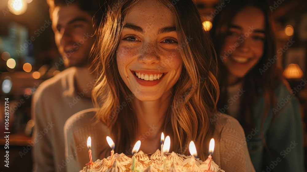 A joyful celebration with friends around a birthday cake adorned with flickering candles in a cozy evening setting. Generative AI A joyful celebration with friends around a birthday cake adorned with flickering candles in a cozy evening setting. Generative AI