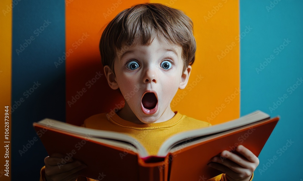 Very interesting adventure story in the book. Surprised little boy with shocked expression reading book, story isolated over colorful background.