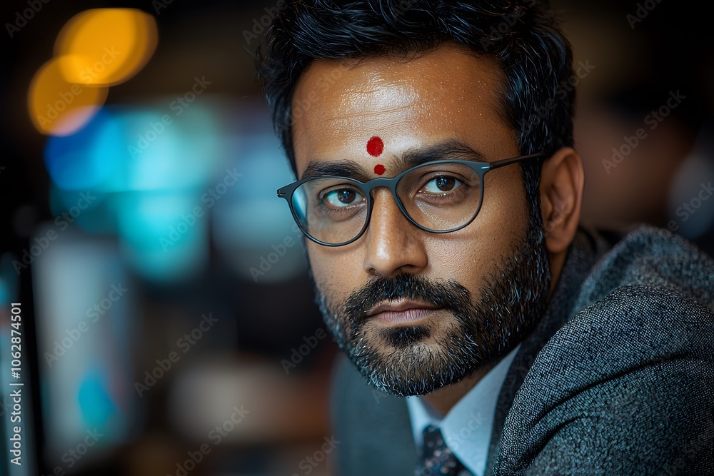 Confident man with glasses and red bindi in office environment