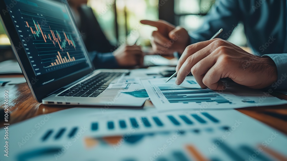 Business team using financial data and graphs to laptop