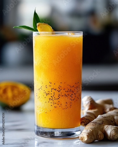 A revitalizing beverage infused with functional ingredients like turmeric, ginger, and black pepper, creating an anti-inflammatory tonic perfect for boosting immunity and overall wellness photo