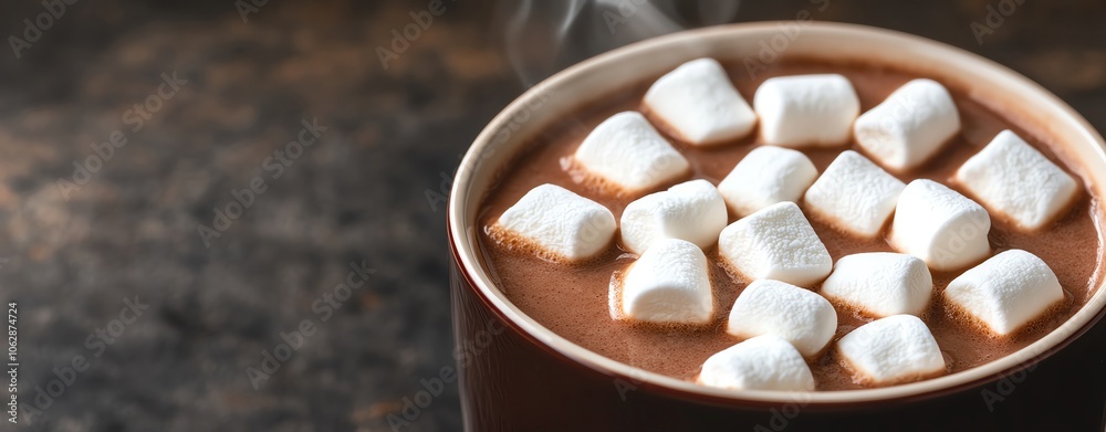 Closeup of hot cocoa with marshmallows, steam rising, perfect winter treat Closeup of hot cocoa with marshmallows, steam rising, perfect winter treat