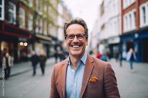 Portrait of handsome middle-aged man with eyeglasses in the city