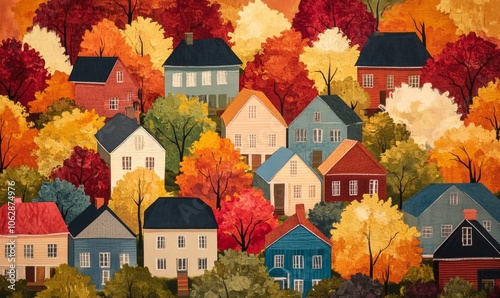 vibrant autumnal village scene filled with colorful houses surrounded by trees in shades of red, orange, and yellow. picturesque landscape evokes sense of warmth and nostalgia