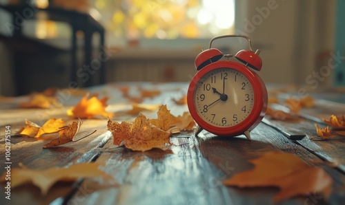 Autumn background with an alarm clock and fall leaves on a wooden table