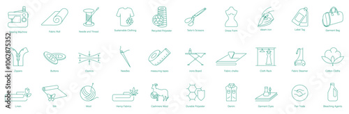 Swing Machine, Fabric Roll, Needle and Thread, Sustainable Clothing, Recyclable Polyester, Tailor's Scissor, Dress Form, Steam Iron, Label Tag, Garment Bag, Zippers, Buttons, Elastics, Needles icons