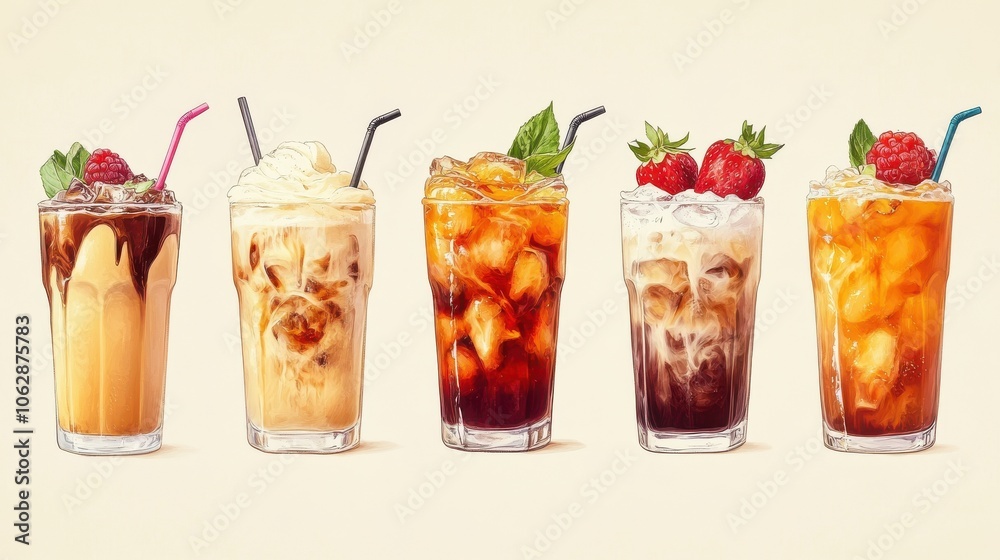 Stylized image of iced coffee served with various flavored syrups and toppings, emphasizing creativity in crafting unique beverages. Stylized image of iced coffee served with various flavored syrups and toppings, emphasizing creativity in crafting unique beverages.