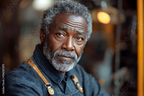 Portrait of mature man in denim apron reflecting thoughtfully in warm ambient light