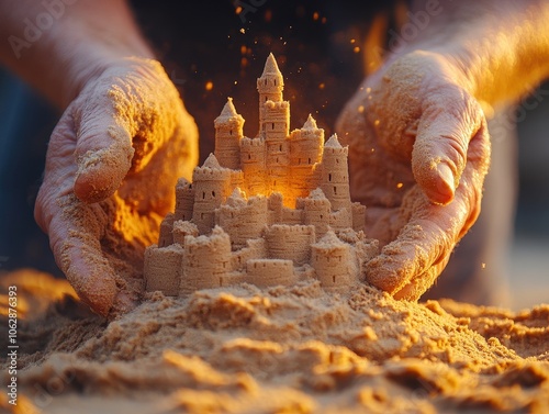 Elderly hands shaping sandcastle, ocean tide nearing, nostalgic beach scene, craftsmanship and nature intertwined, timeless summer memory photo