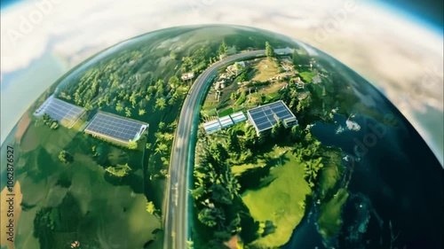 Fisheye Lens View of a Green Earth with Solar Panels, Lush Greenery, and a Highway: A Sustainable Future
