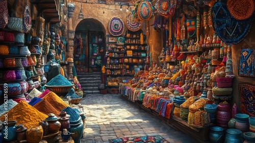 Vibrant market scene filled with colorful spices, textiles, and handcrafted goods, showcasing the rich culture and diversity of local artisans.
