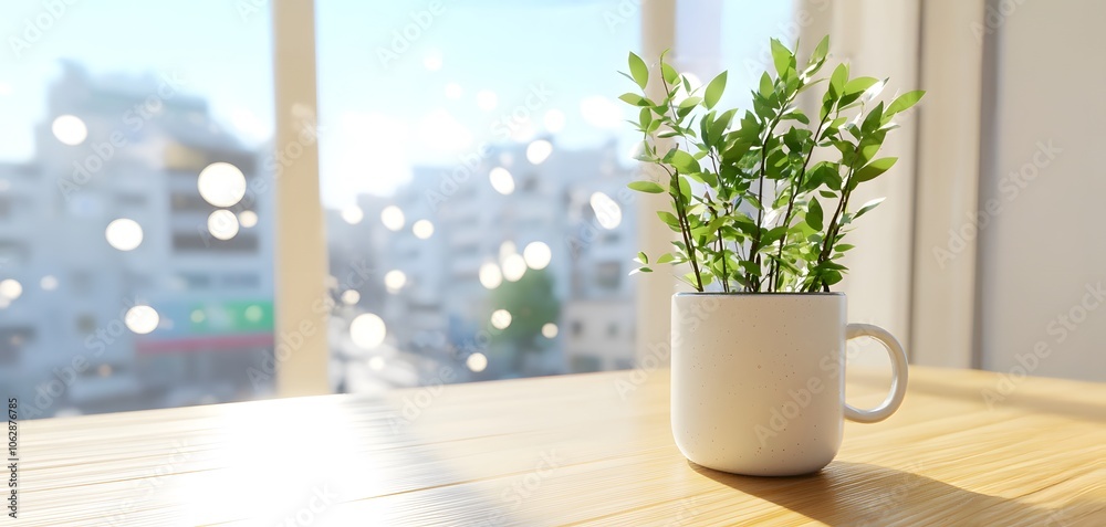 A bright, sunlit indoor scene featuring a small green plant in a white pot, placed on a wooden table with cityscape visible through the window. A bright, sunlit indoor scene featuring a small green plant in a white pot, placed on a wooden table with cityscape visible through the window.