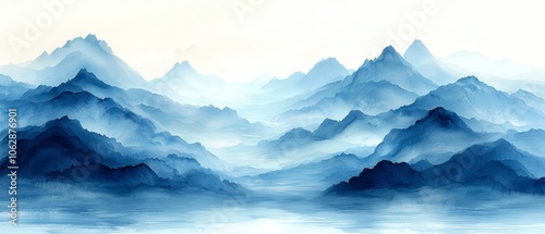 A serene watercolor landscape featuring layered mountains in shades of blue.