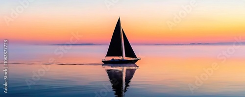 Sailboat on tranquil water during sunset, creating a peaceful and serene atmosphere.