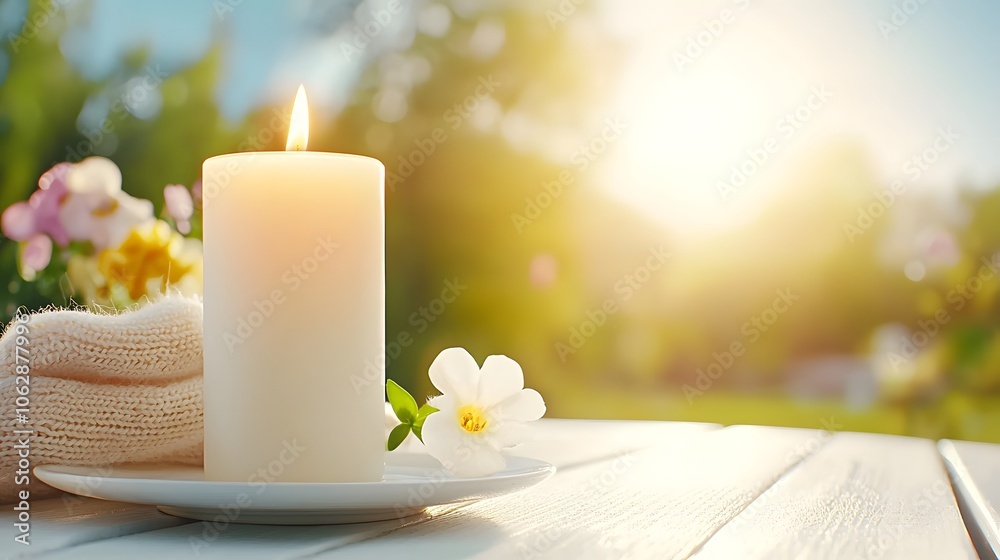 A serene candle burns beside flowers, basking in warm sunlight, creating a peaceful atmosphere perfect for relaxation and mindfulness. A serene candle burns beside flowers, basking in warm sunlight, creating a peaceful atmosphere perfect for relaxation and mindfulness.