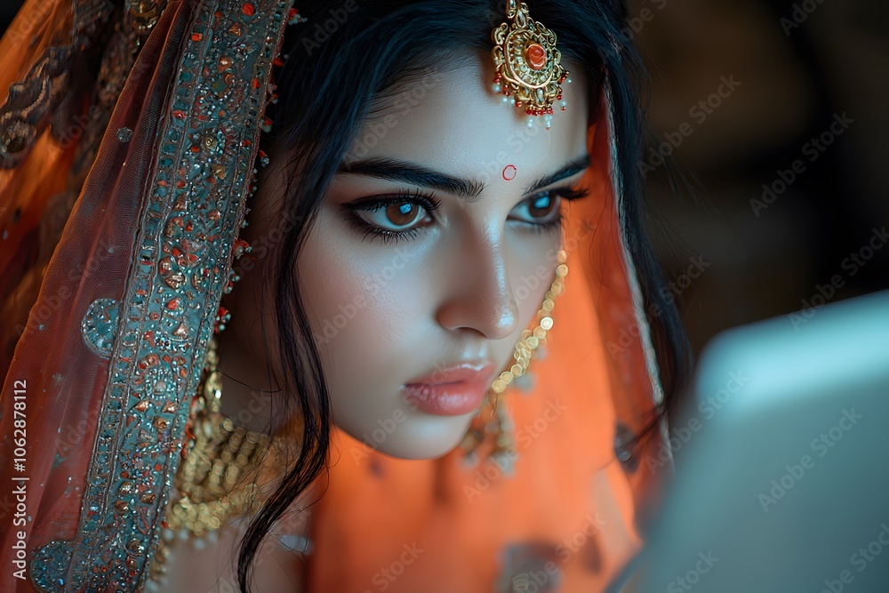 Captivating portrait of woman in traditional ethnic attire with intricate jewelry Captivating portrait of woman in traditional ethnic attire with intricate jewelry