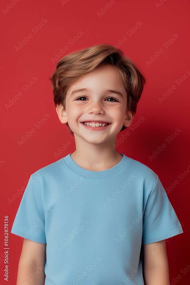 Happy little boy with blond hair smiling against a red background. Happy little boy with blond hair smiling against a red background.