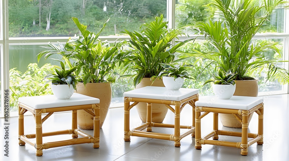 Three elegant, minimalist tables with white cushions paired with lush green plants in bright pots, creating a serene indoor environment. Three elegant, minimalist tables with white cushions paired with lush green plants in bright pots, creating a serene indoor environment.